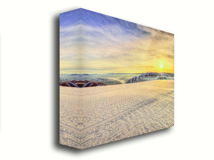 A photo of the sunrise over Sundance Ski Resort. The sun creates a yellow reflective glow on the freshly groomed ski slope. Printed on canvas.