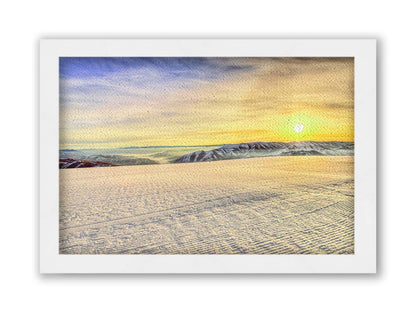 A photo of the sunrise over Sundance Ski Resort. The sun creates a yellow reflective glow on the freshly groomed ski slope. Printed on canvas and framed.