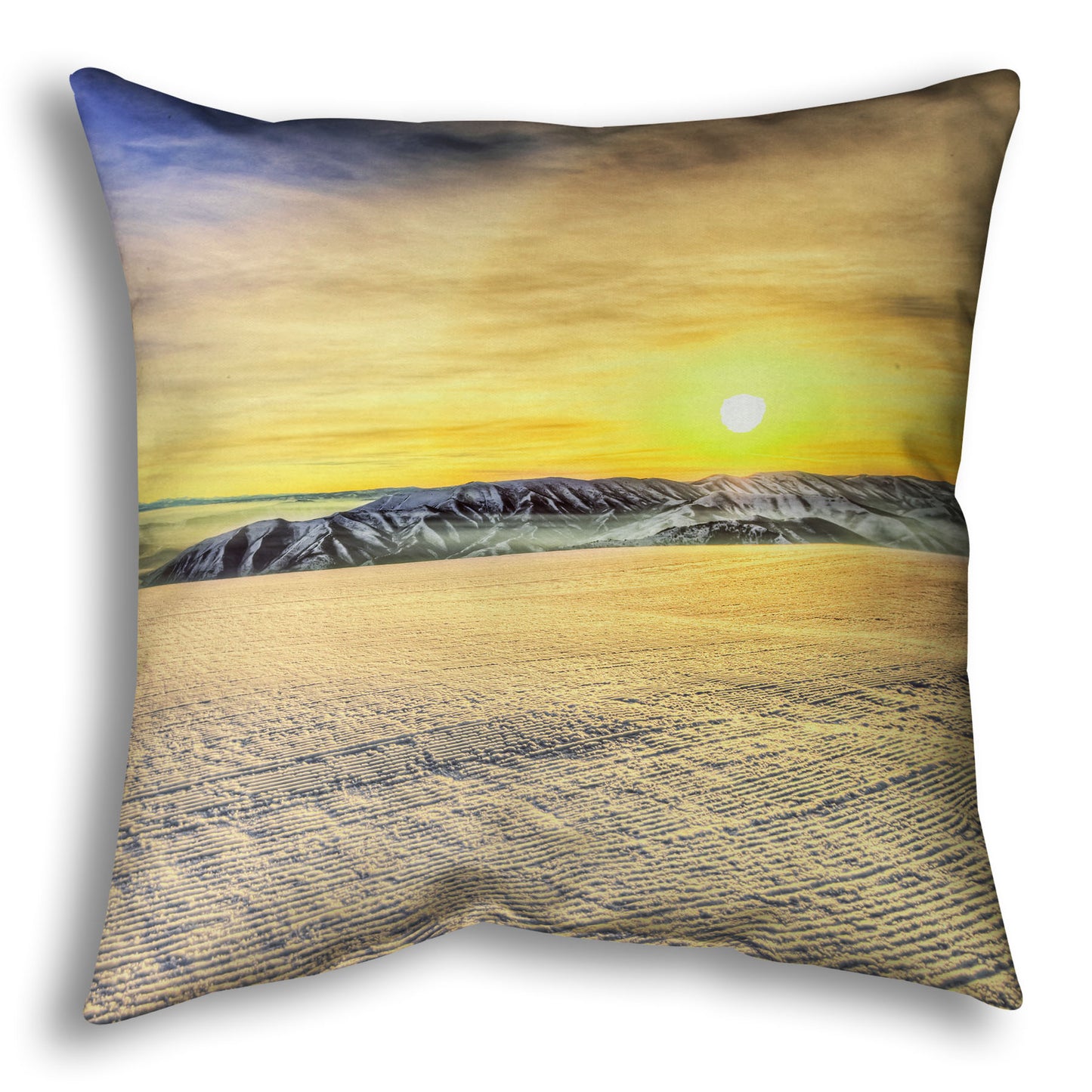 A throw pillow designed with a photo of the sunrise over a freshly groomed ski slope at Sundance Ski Resort.