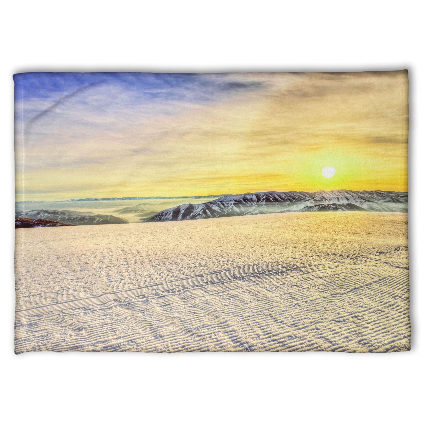 A coral fleece blanket designed with a photo of the sunrise over a freshly groomed ski slope at Sundance Ski Resort.