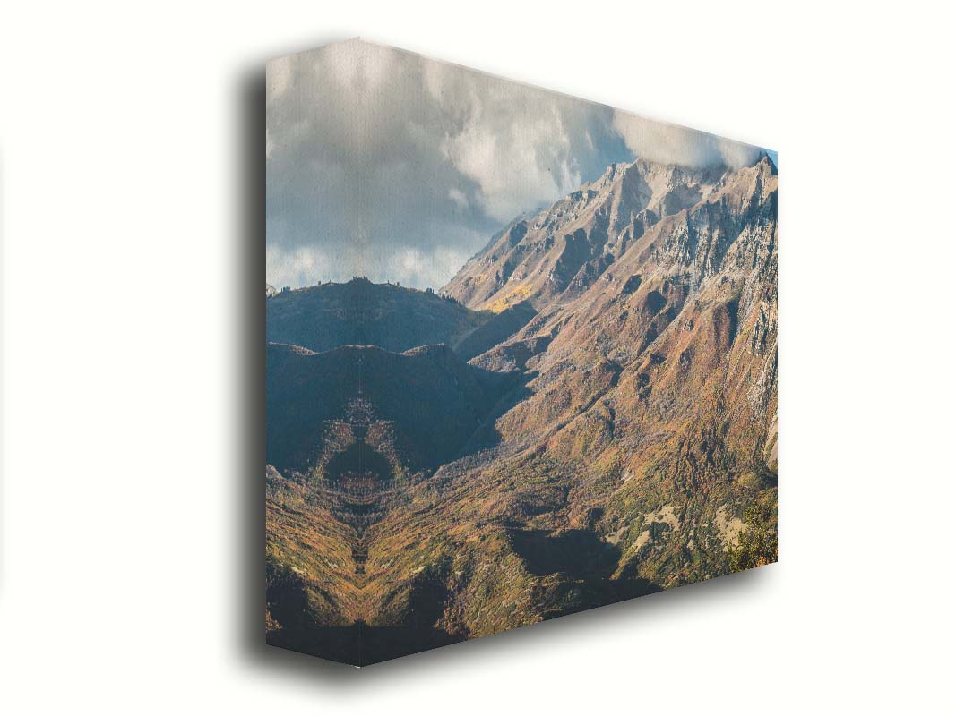 A photo of Mount Timpanogos during the fall. Taken from Piestewa Peak, this photo looks down across groves of trees turning color, appearing small from the altitude. Printed on canvas.