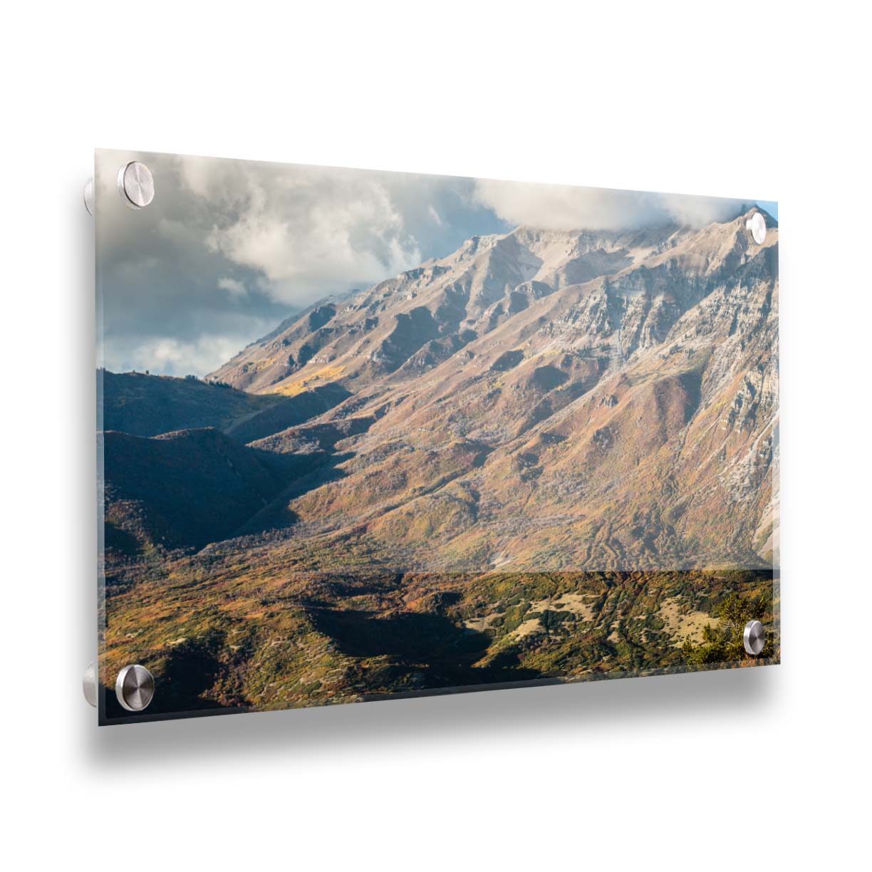 A photo of Mount Timpanogos during the fall. Taken from Piestewa Peak, this photo looks down across groves of trees turning color, appearing small from the altitude. Printed on acrylic.