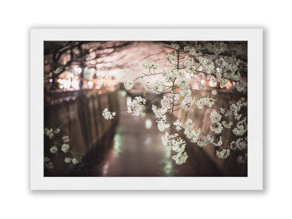 A closeup photo of a branch of cherry blossoms, hanging over the Meguro River. Out of focus in the background, the river reflects twinkles of the city lights. Printed on canvas and framed.