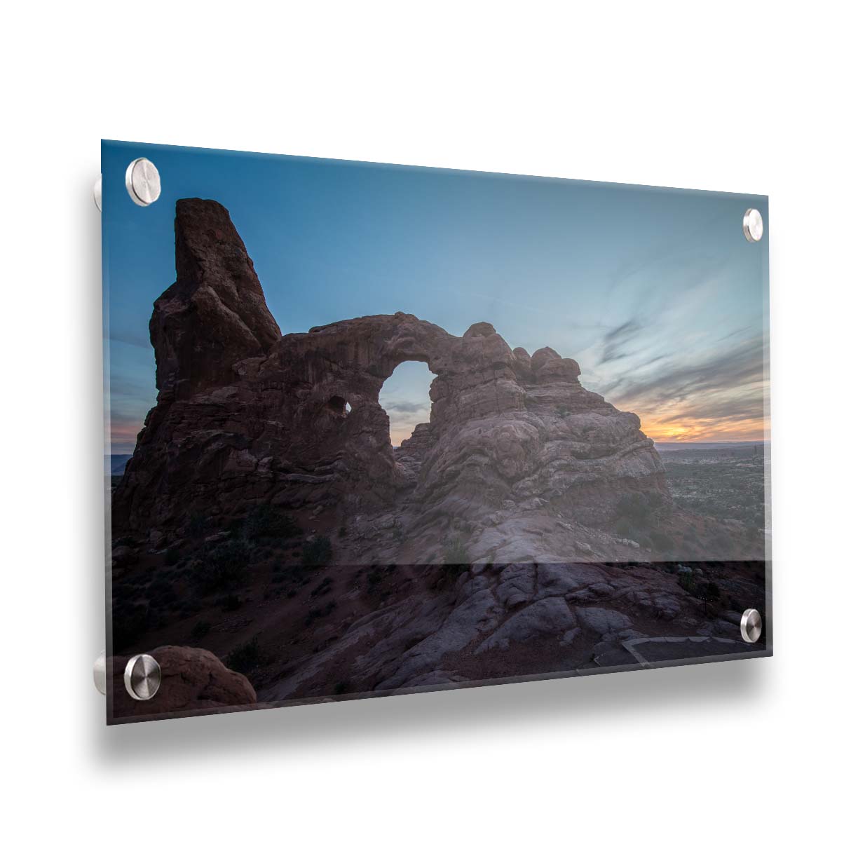 A photo of the Turret Arch rock formation at Arches National Park, Utah during sunset. Printed on acrylic.