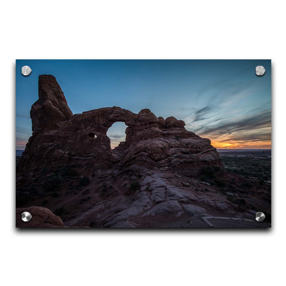 A photo of the Turret Arch rock formation at Arches National Park, Utah during sunset. Printed on acrylic.