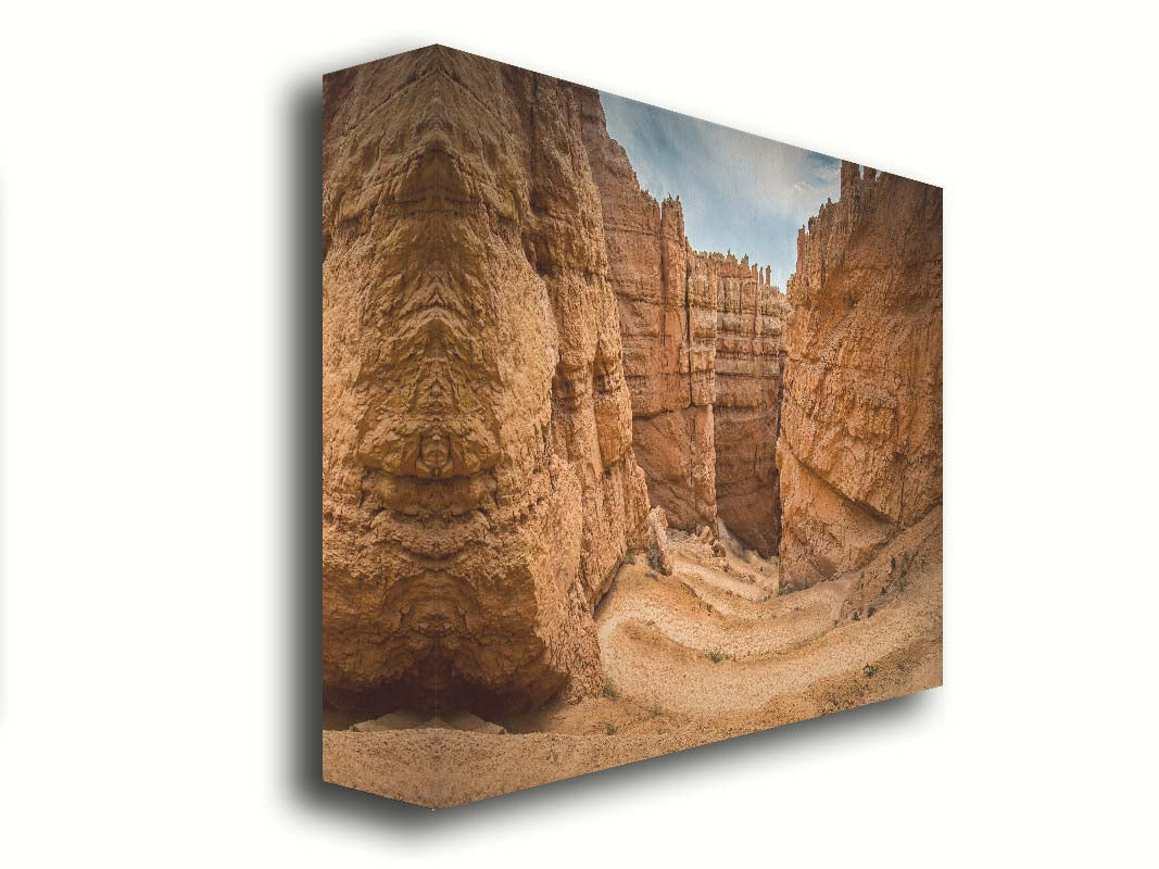 A photo of the Wall Street rock formation at Bryce Canyon National Park in Utah. The layers of stone create walls bordering a staircase-like path down through the canyon. Printed on canvas.