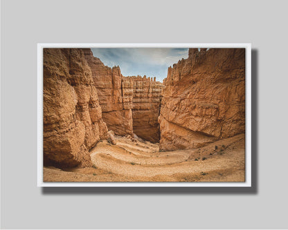 A photo of the Wall Street rock formation at Bryce Canyon National Park in Utah. The layers of stone create walls bordering a staircase-like path down through the canyon. Printed on canvas in a float frame.