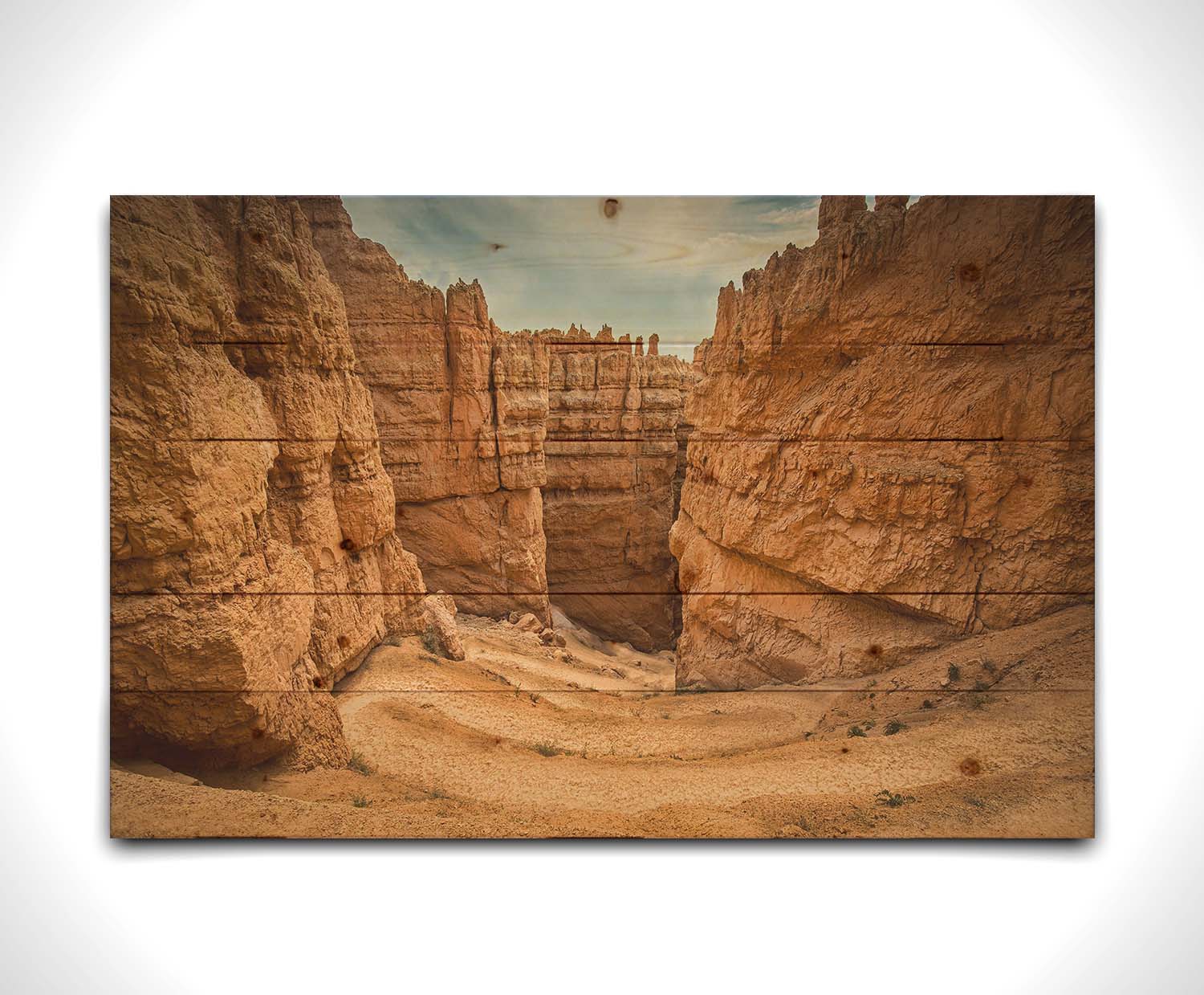 A photo of the Wall Street rock formation at Bryce Canyon National Park in Utah. The layers of stone create walls bordering a staircase-like path down through the canyon. Printed on a wood pallet.