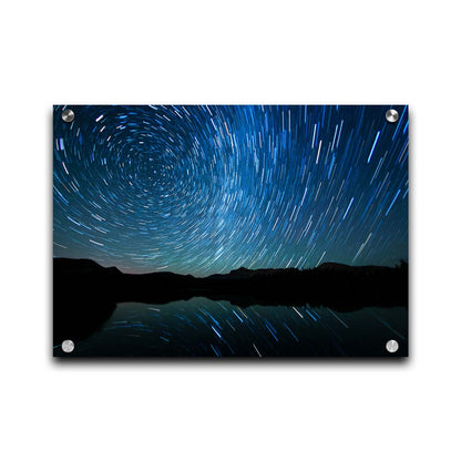 A photo of the Perseid Meteor shower reflecting off of Mirror Lake in Utah. Printed on acrylic.