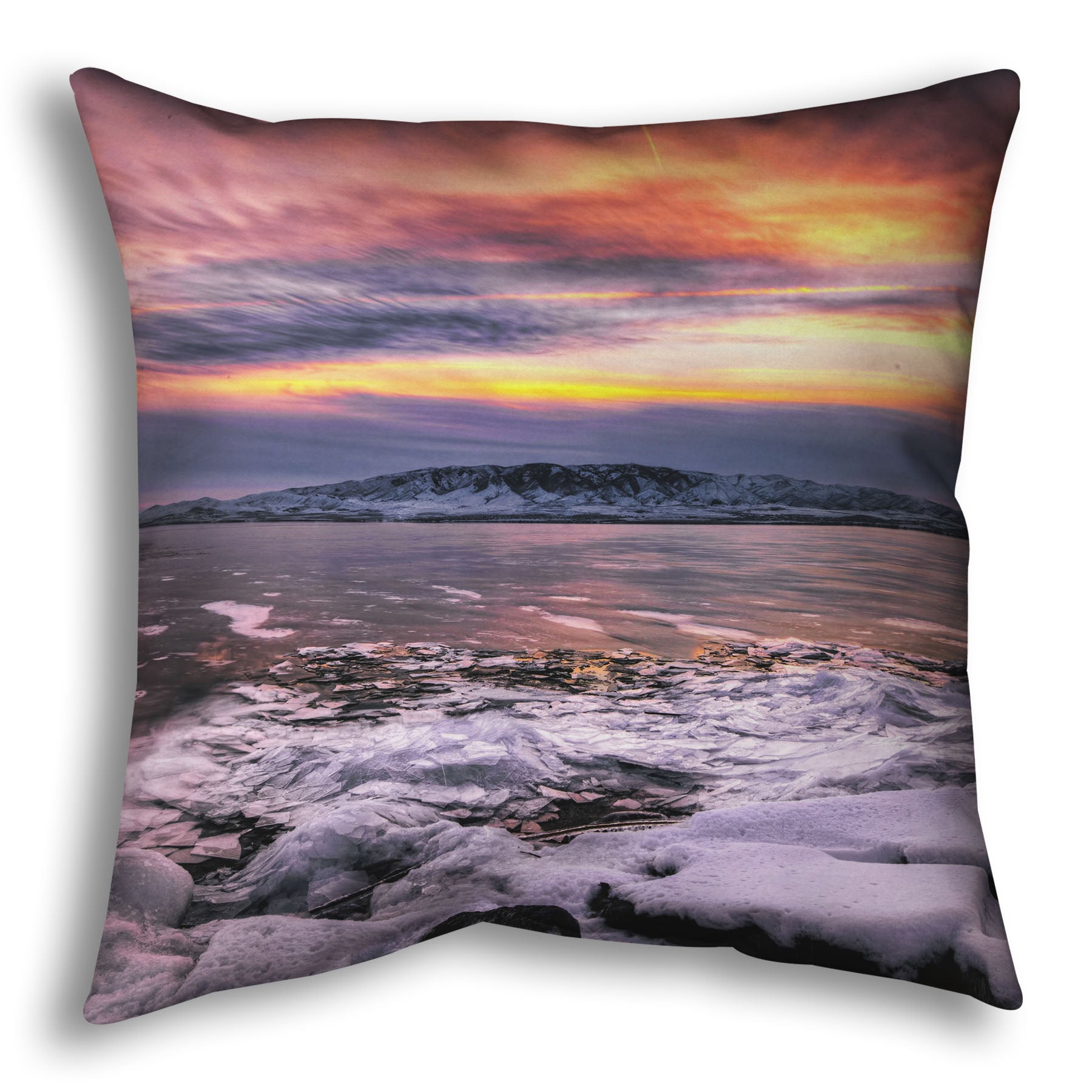 A throw pillow designed with the photo of a sunset over an icy lake at Mount Timpanogos, Utah, one Christmas evening.
