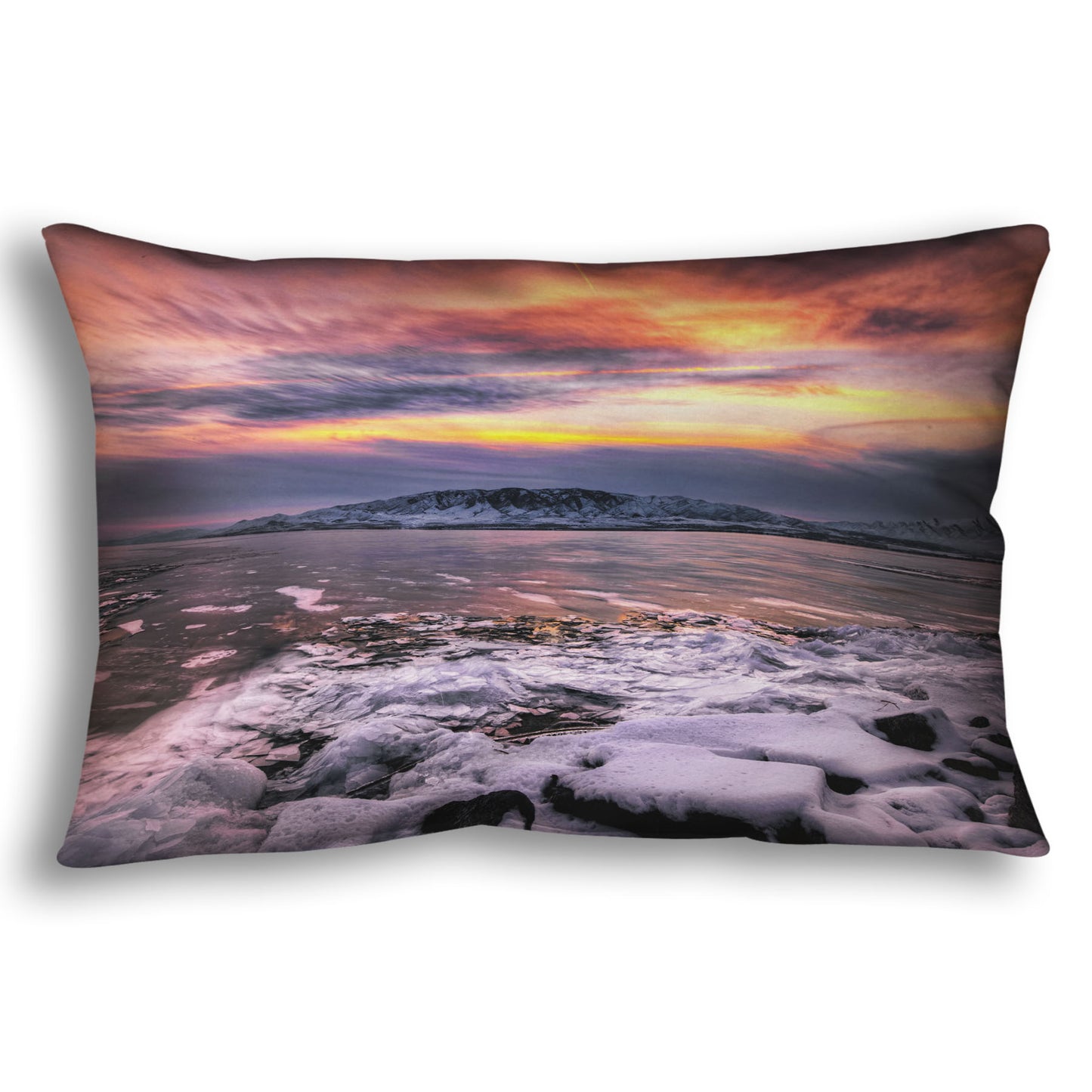 A throw pillow designed with the photo of a sunset over an icy lake at Mount Timpanogos, Utah, one Christmas evening.