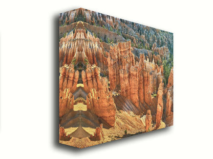 A photo of towering sandstone pillars along the Navajo Loop trail at Bryce Canyon National Park in Utah. The orange and yellow stone is contrasted by bursts of evergreens scattered throughout the walls of stone. Printed on canvas.