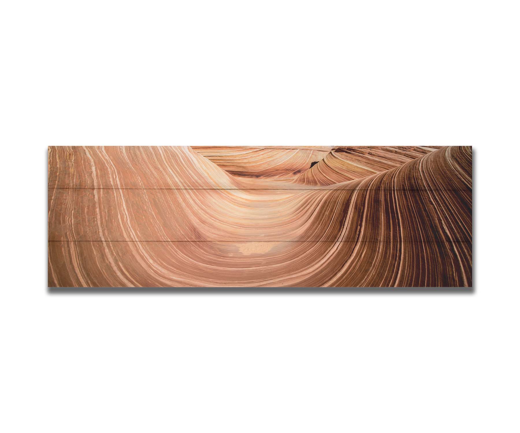 A panoramic photo of the Wave rock formation, at the Coyote Buttes North area of the Utah-Arizona border. The stripes of reddish-brown stone create a unique wave-like shape. Printed on a box board.