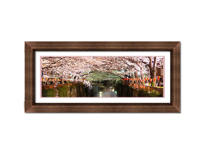 Photo of cherry blossom trees over a canal at Meguro River in Tokyo, Japan. Printed on paper, matted, and framed.