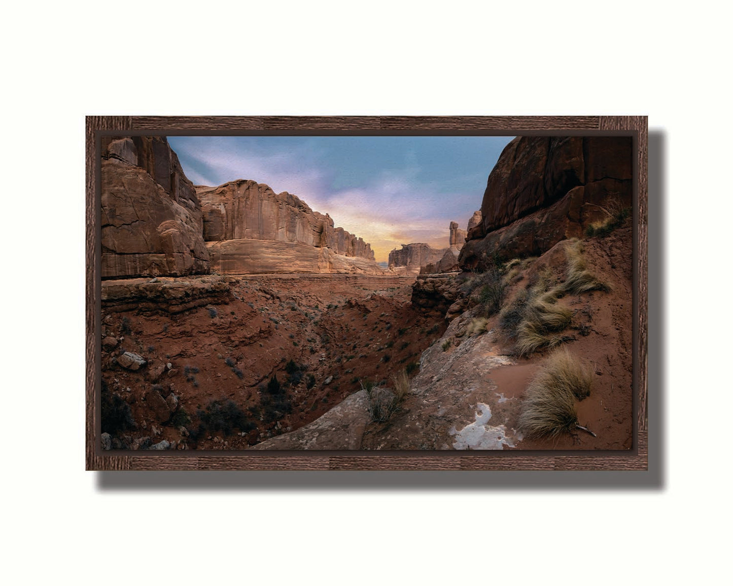 A photo from a Moab, Utah canyon. Sparse shrubbery is scattered along the canyon surrounded by sandstone walls. Printed on canvas in a float frame.