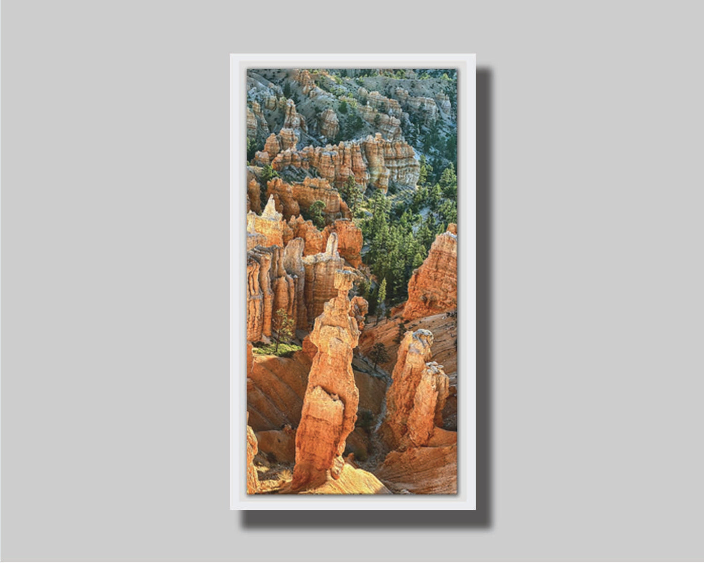 A photo from above of the Thor's Hammer rock formation in Bryce Canyon National Park, Utah. Printed on canvas in a float frame.