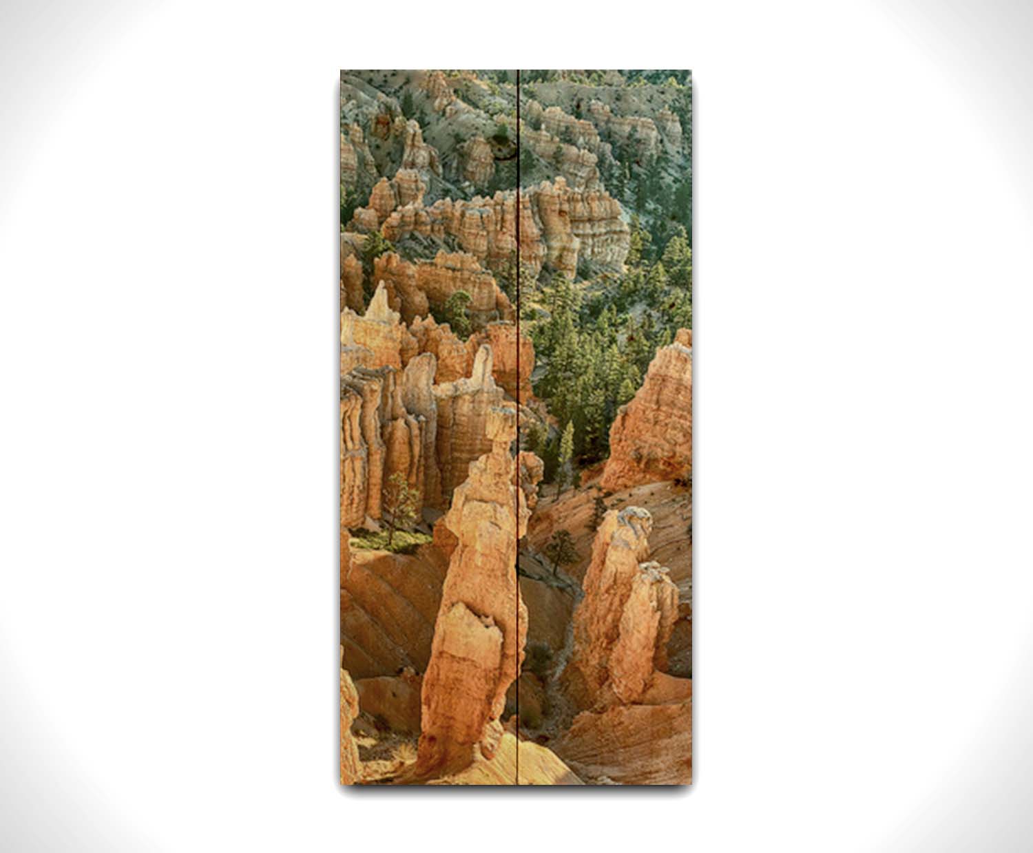 A photo from above of the Thor's Hammer rock formation in Bryce Canyon National Park, Utah. Printed on a wood pallet.