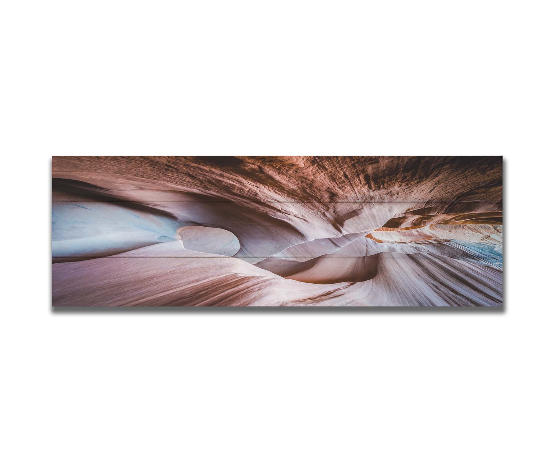 A photo looking through Peek-A-Boo slot canyon near Escalante, Utah. The wavy layers of sandstone have an unusual, surreal appearance. Printed on a box board.