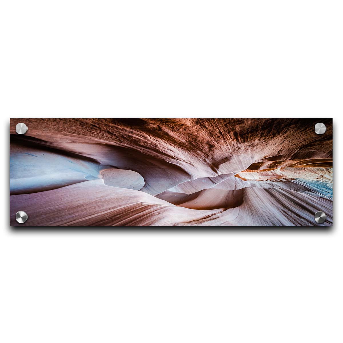 A photo looking through Peek-A-Boo slot canyon near Escalante, Utah. The wavy layers of sandstone have an unusual, surreal appearance. Printed on acrylic.