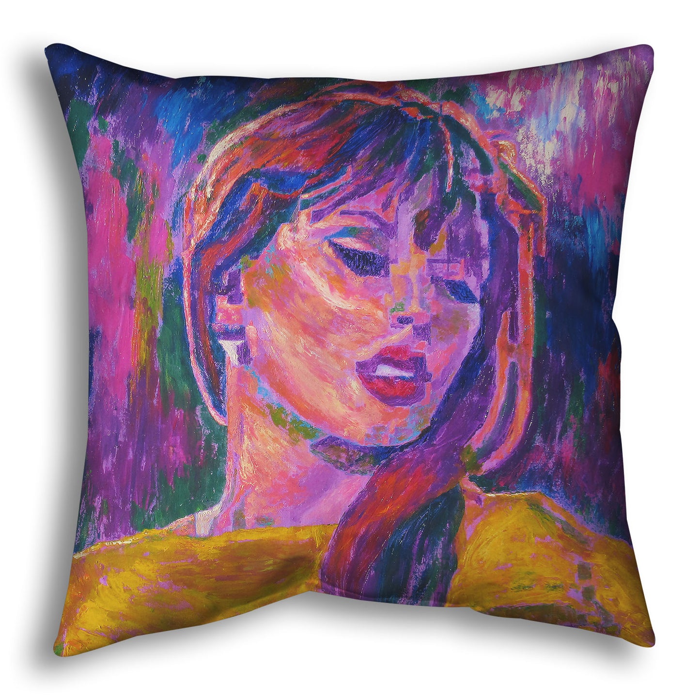 Colorful pillow with an impressionist portrait of Taylor Swift.