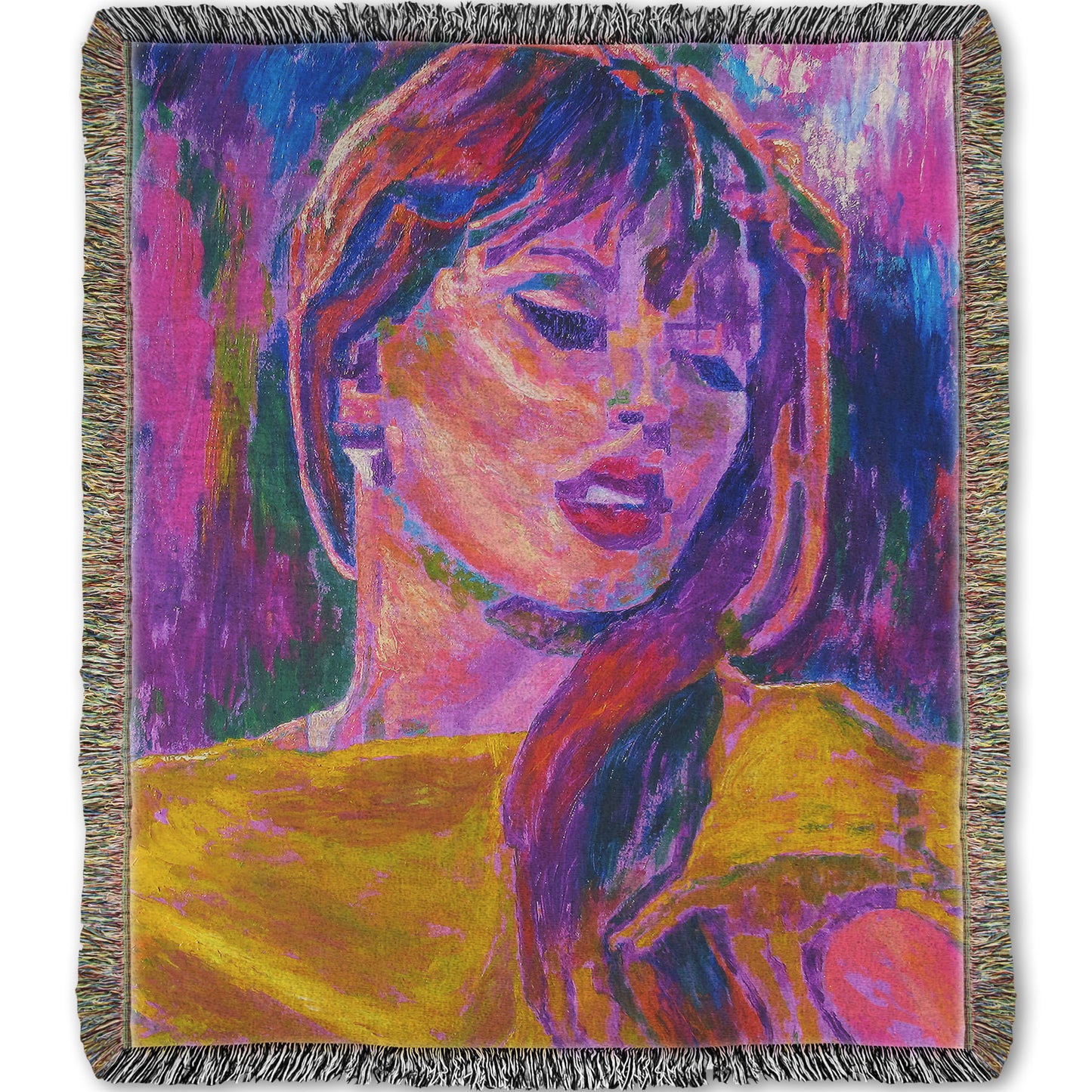 Colorful woven blanket patterned with an impressionist portrait of Taylor Swift.