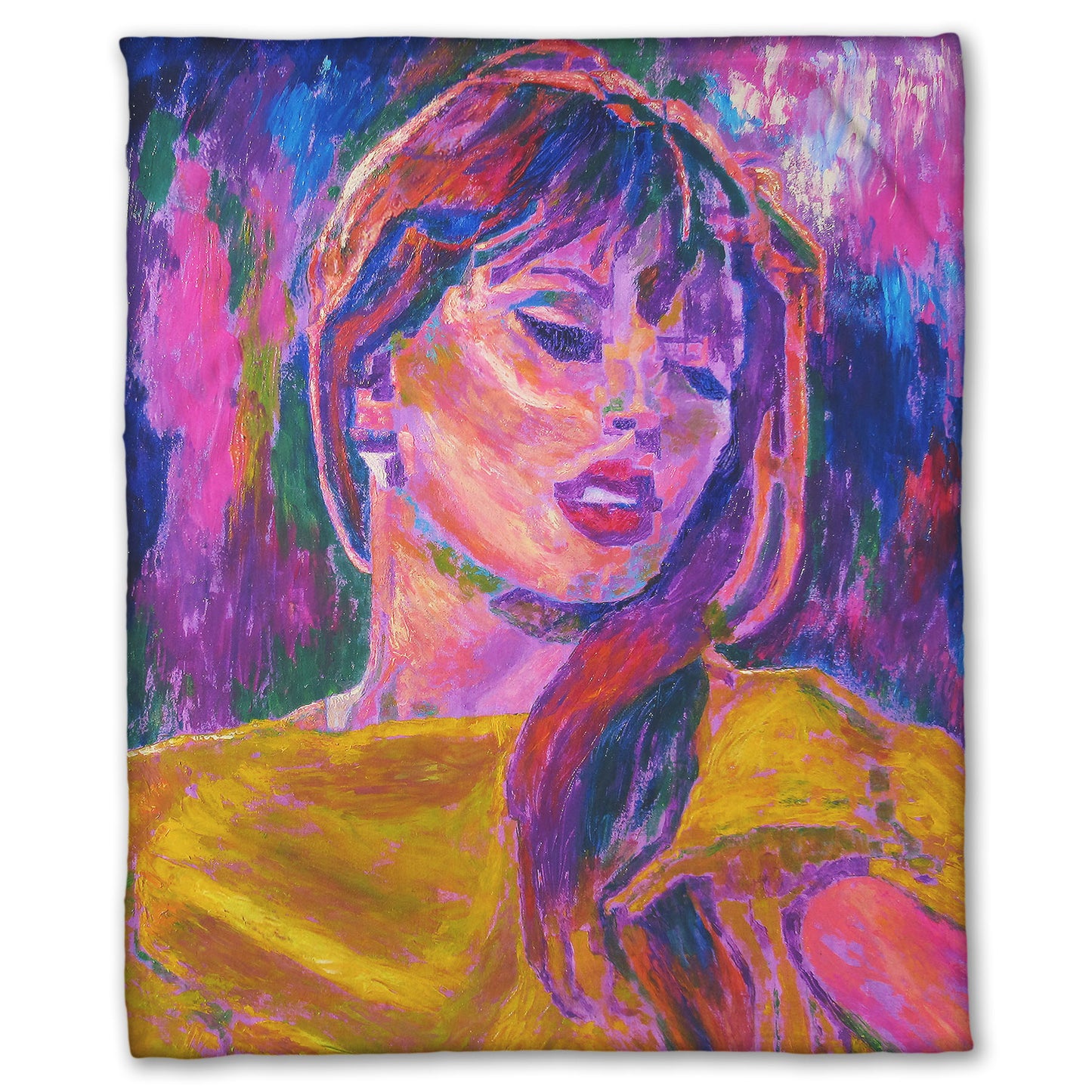 Colorful blanket printed with an impressionist painting of Taylor Swift's face in vibrant colors.