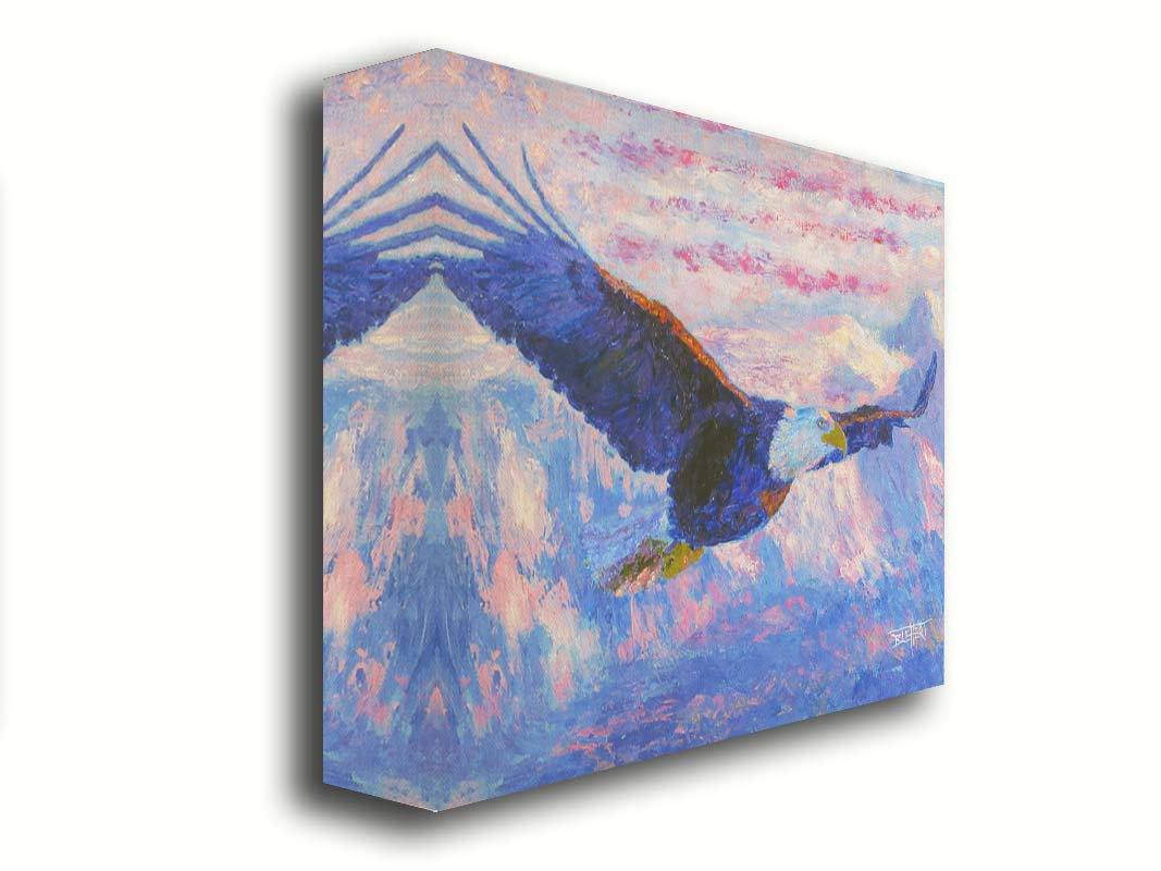 Painting of an eagle flying over the mountains using a red, white, and blue themes palette. Printed on canvas.