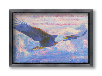 Painting of an eagle flying over the mountains using a red, white, and blue themes palette. Printed on canvas and framed.