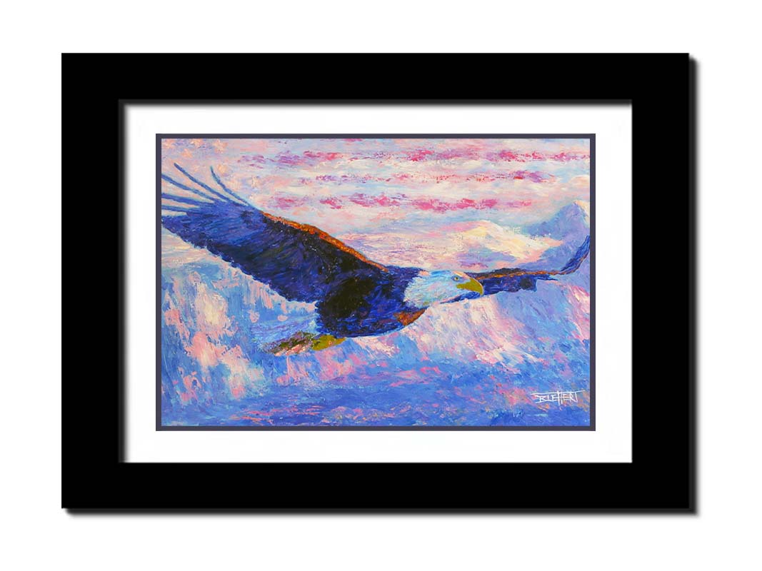 Painting of an eagle flying over the mountains using a red, white, and blue themes palette. Printed on paper, matted, and framed.