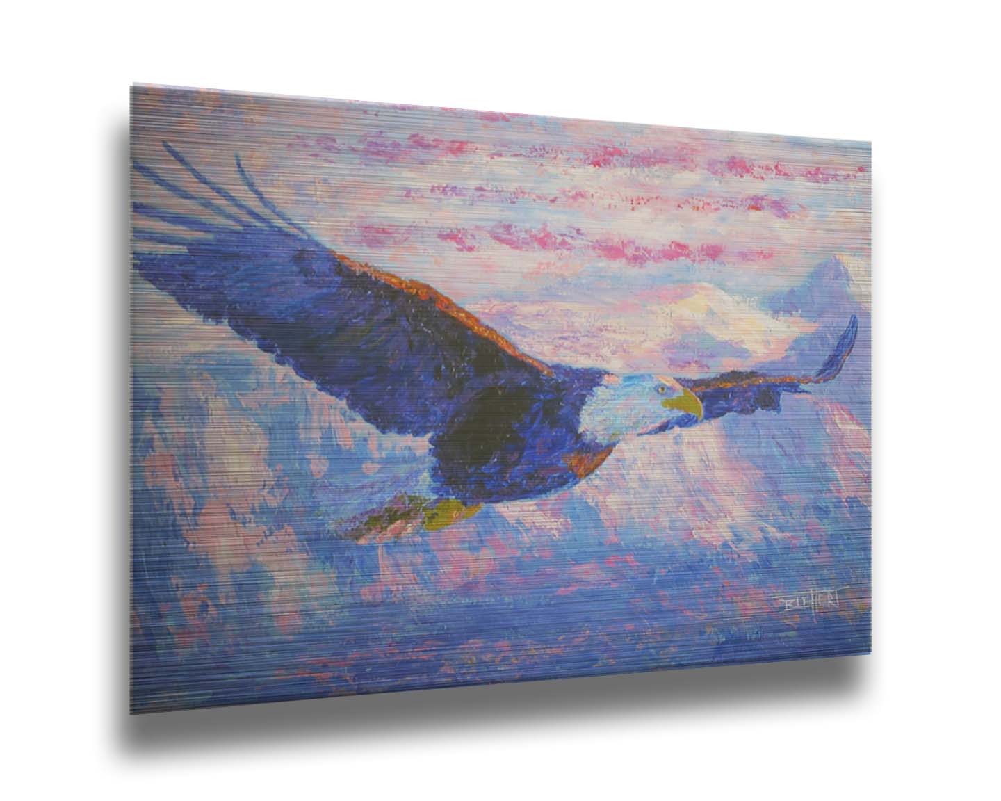 Painting of an eagle flying over the mountains using a red, white, and blue themes palette. Printed on metal.