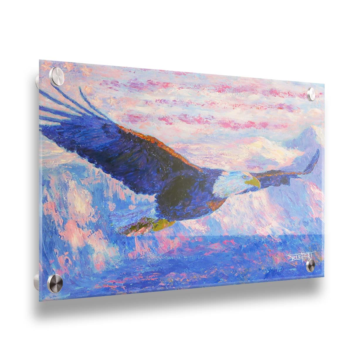 Painting of an eagle flying over the mountains using a red, white, and blue themes palette. Printed on acrylic.