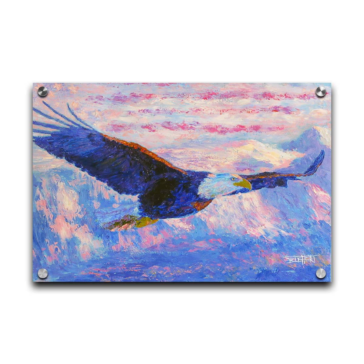 Painting of an eagle flying over the mountains using a red, white, and blue themes palette. Printed on acrylic.