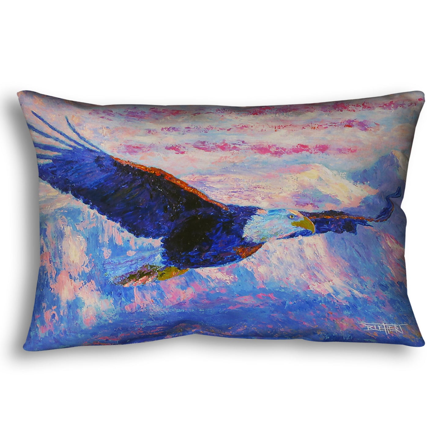 Throw pillow designed with a painting of an eagle flying over the mountains using a red, white, and blue themed palette.