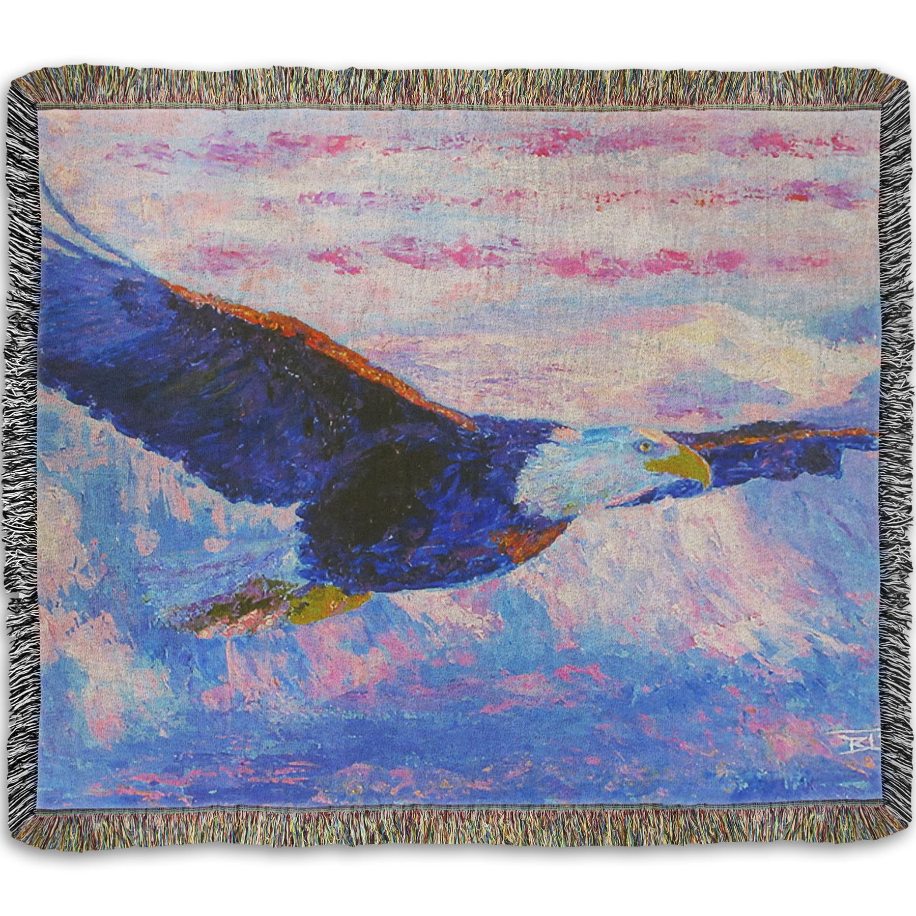Woven throw blanket designed with a painting of an eagle flying over the mountains using a red, white, and blue themed palette.