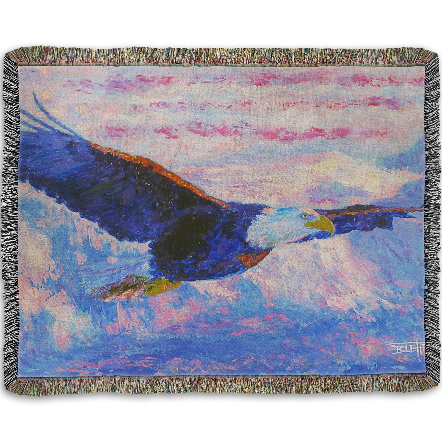 Woven throw blanket designed with a painting of an eagle flying over the mountains using a red, white, and blue themed palette.