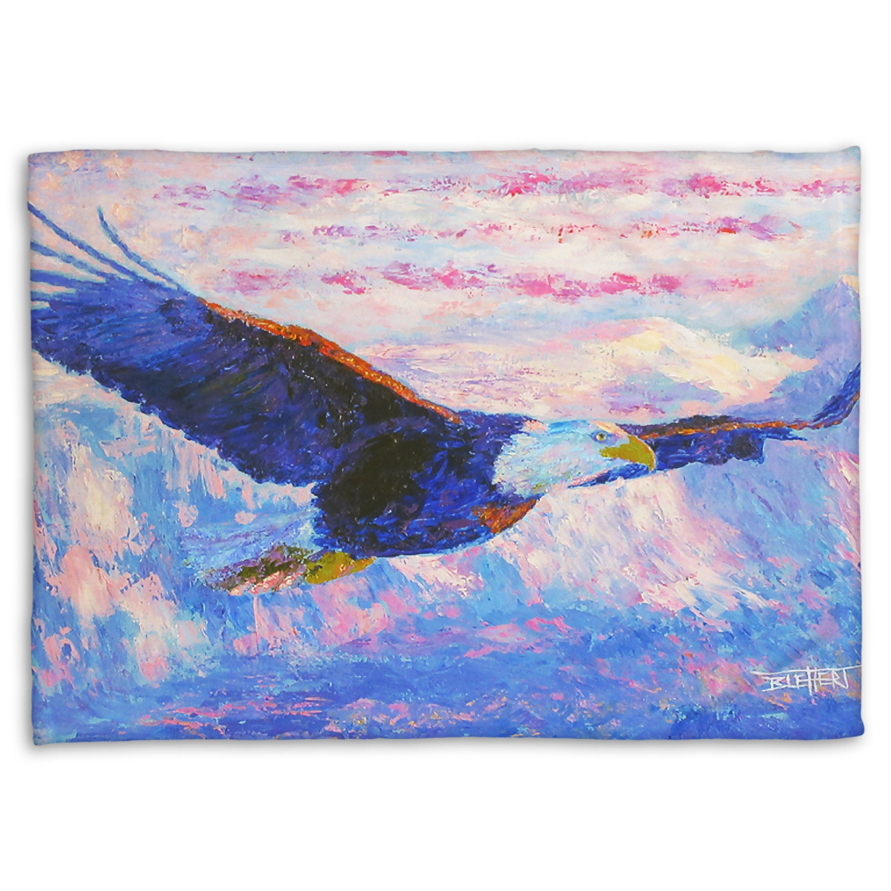 Coral fleece throw blanket designed with a painting of an eagle flying over the mountains using a red, white, and blue themed palette.