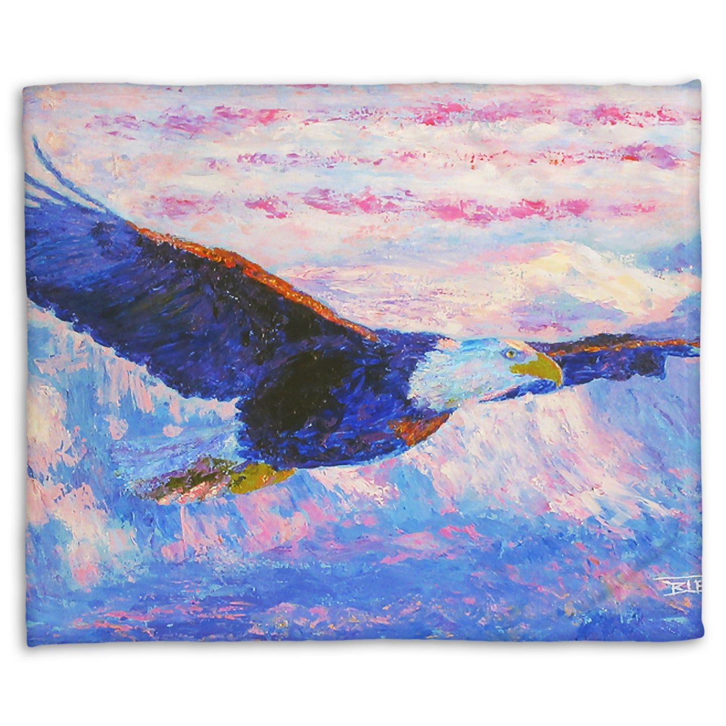 Coral fleece throw blanket designed with a painting of an eagle flying over the mountains using a red, white, and blue themed palette.