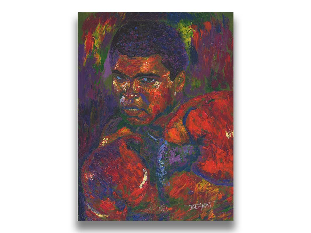 A painting of boxer Muhammad Ali in a fighting stance with boxing gloves on, against a purple and green background. Printed on canvas.