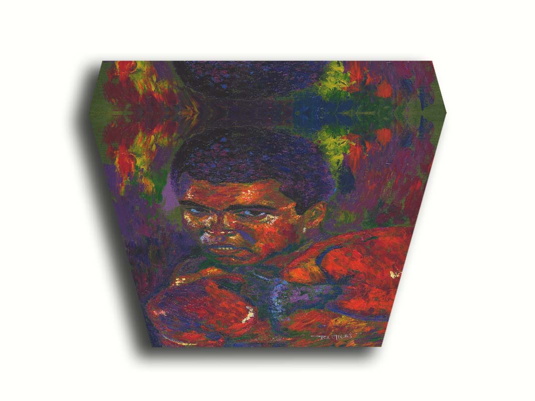 A painting of boxer Muhammad Ali in a fighting stance with boxing gloves on, against a purple and green background. Printed on canvas.