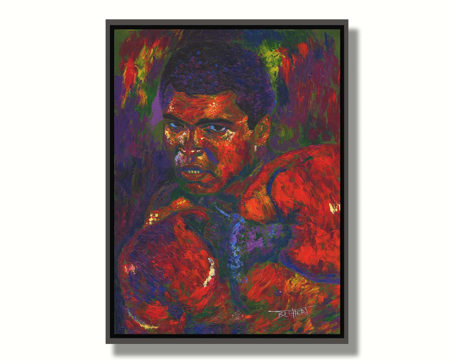 A painting of boxer Muhammad Ali in a fighting stance with boxing gloves on, against a purple and green background. Printed on canvas in a float frame.