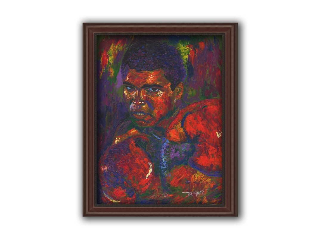 A painting of boxer Muhammad Ali in a fighting stance with boxing gloves on, against a purple and green background. Printed on canvas and framed.