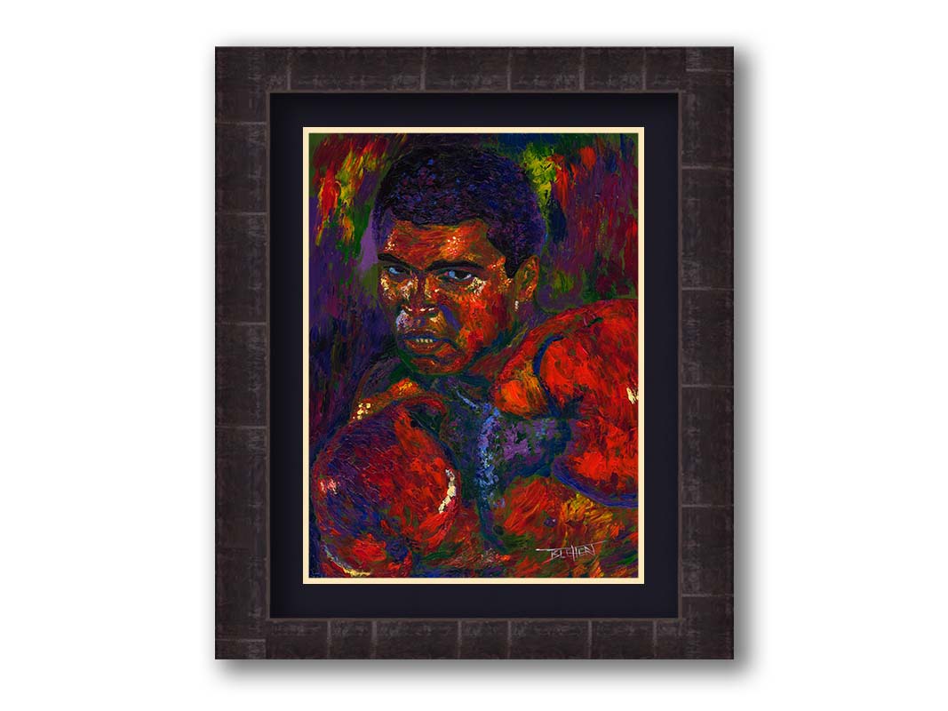 A painting of boxer Muhammad Ali in a fighting stance with boxing gloves on, against a purple and green background. Printed on paper, matted, and framed.