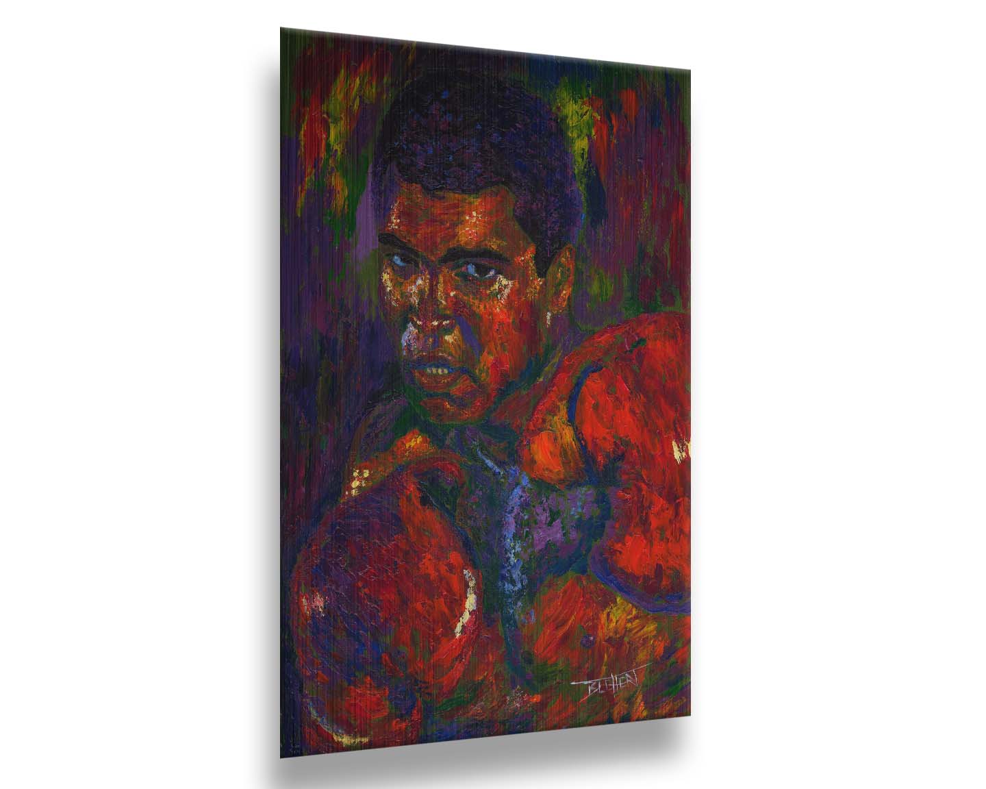 A painting of boxer Muhammad Ali in a fighting stance with boxing gloves on, against a purple and green background. Printed on metal.