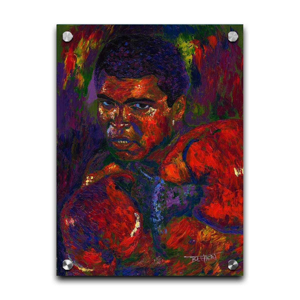 A painting of boxer Muhammad Ali in a fighting stance with boxing gloves on, against a purple and green background. Printed on acrylic.