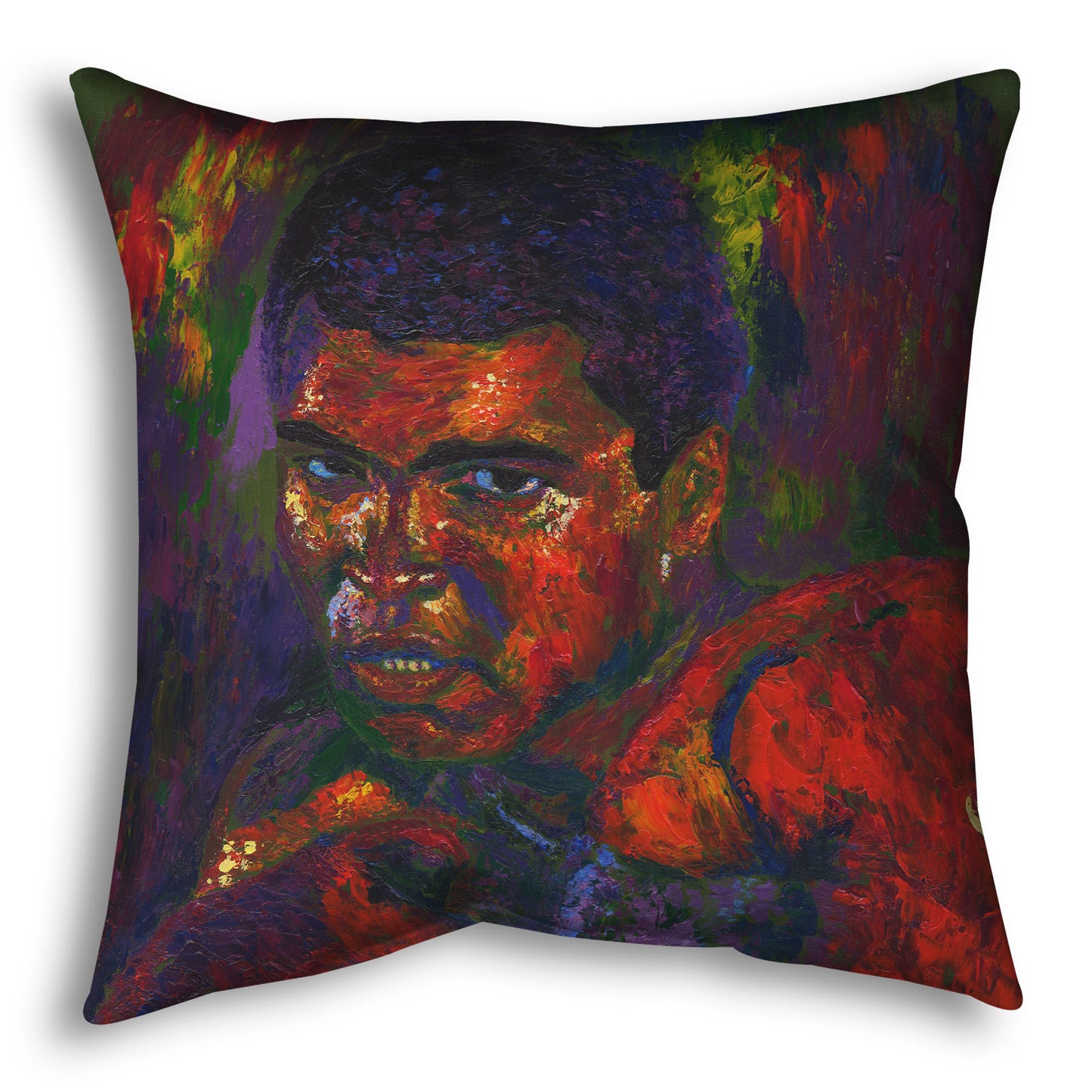 A throw pillow designed with a painting of boxer Muhammad Ali wearing boxing gloves in a fighting stance.