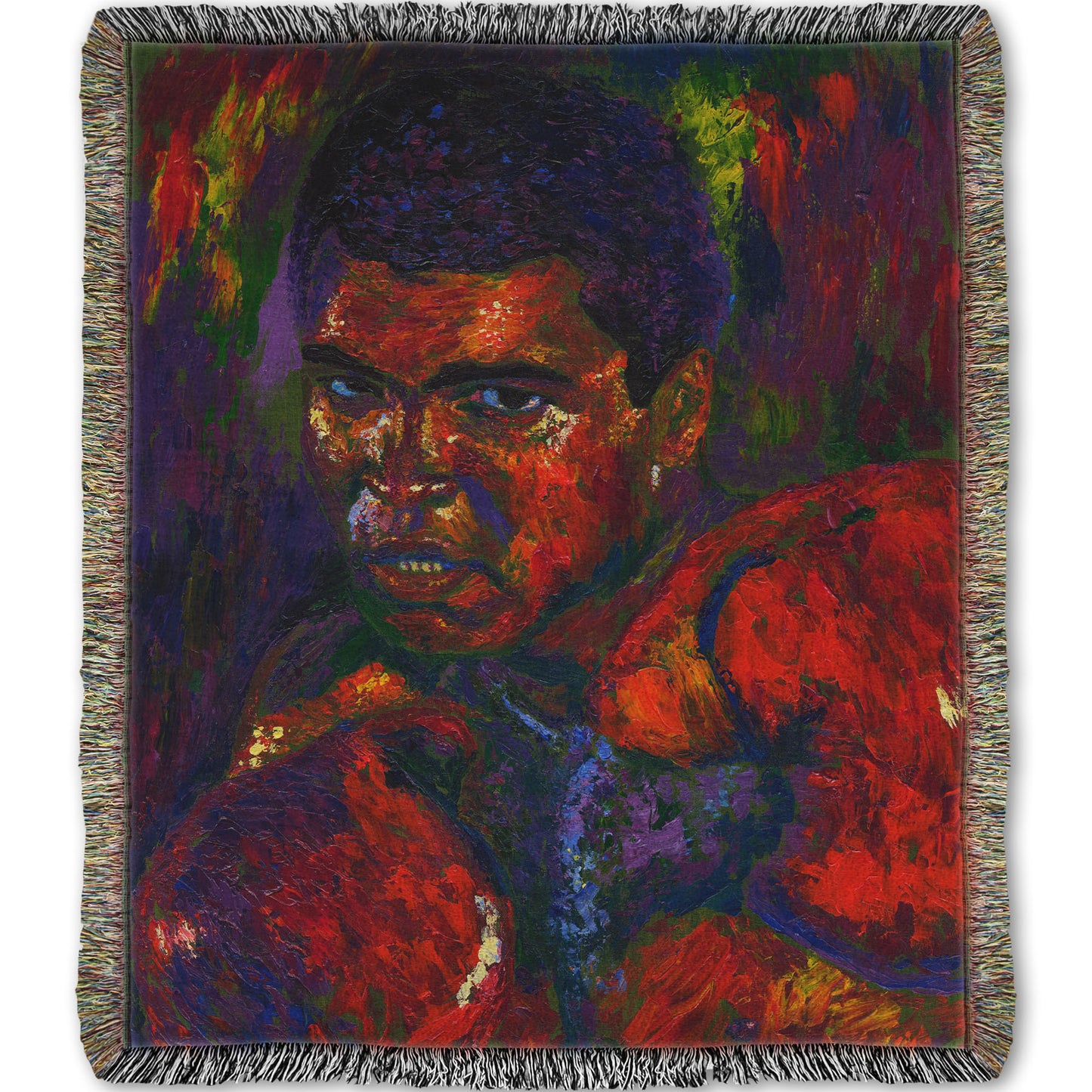 A woven throw blanket designed with a painting of boxer Muhammad Ali wearing boxing gloves in a fighting stance.