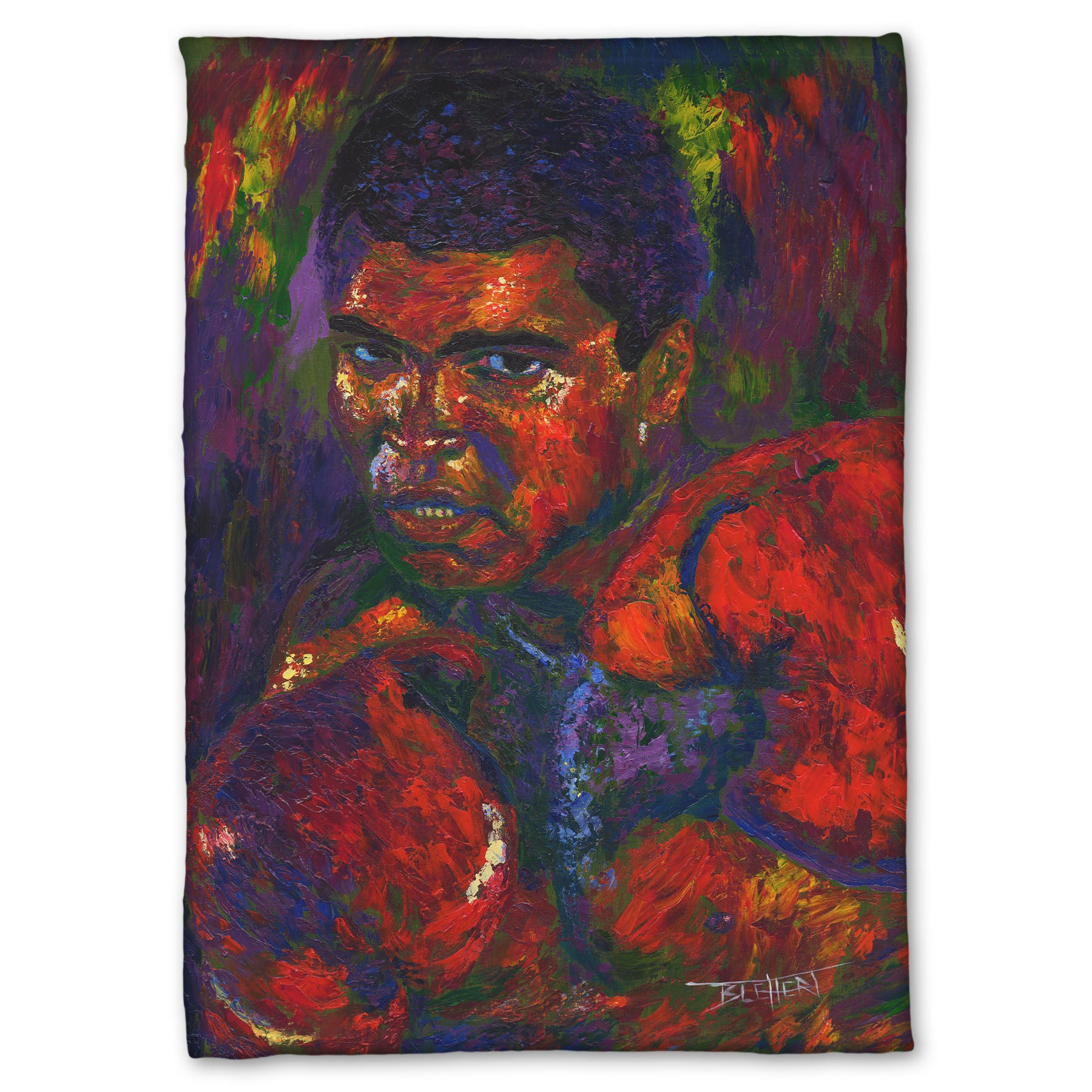 A coral fleece blanket designed with a painting of boxer Muhammad Ali wearing boxing gloves in a fighting stance.