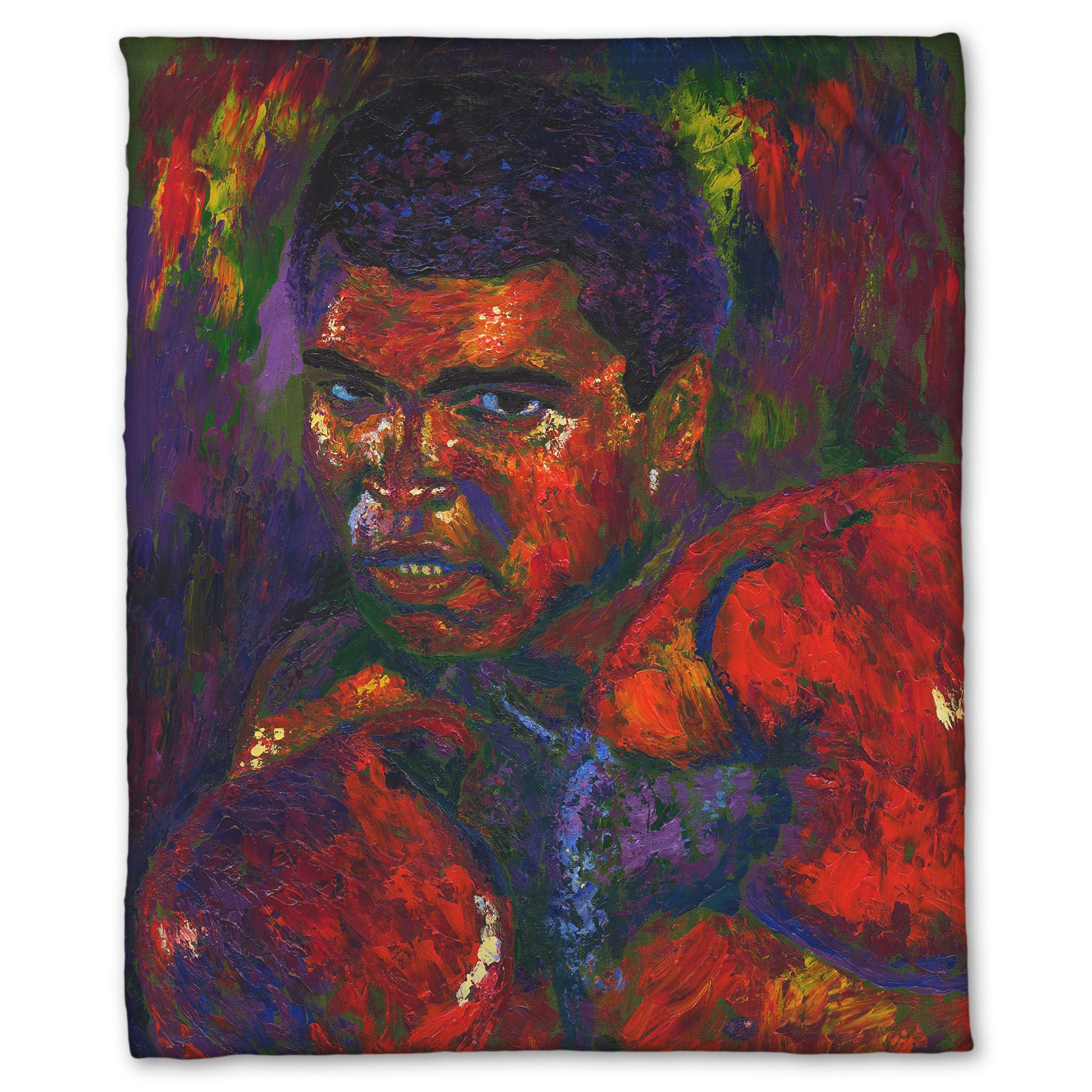 A coral fleece blanket designed with a painting of boxer Muhammad Ali wearing boxing gloves in a fighting stance.