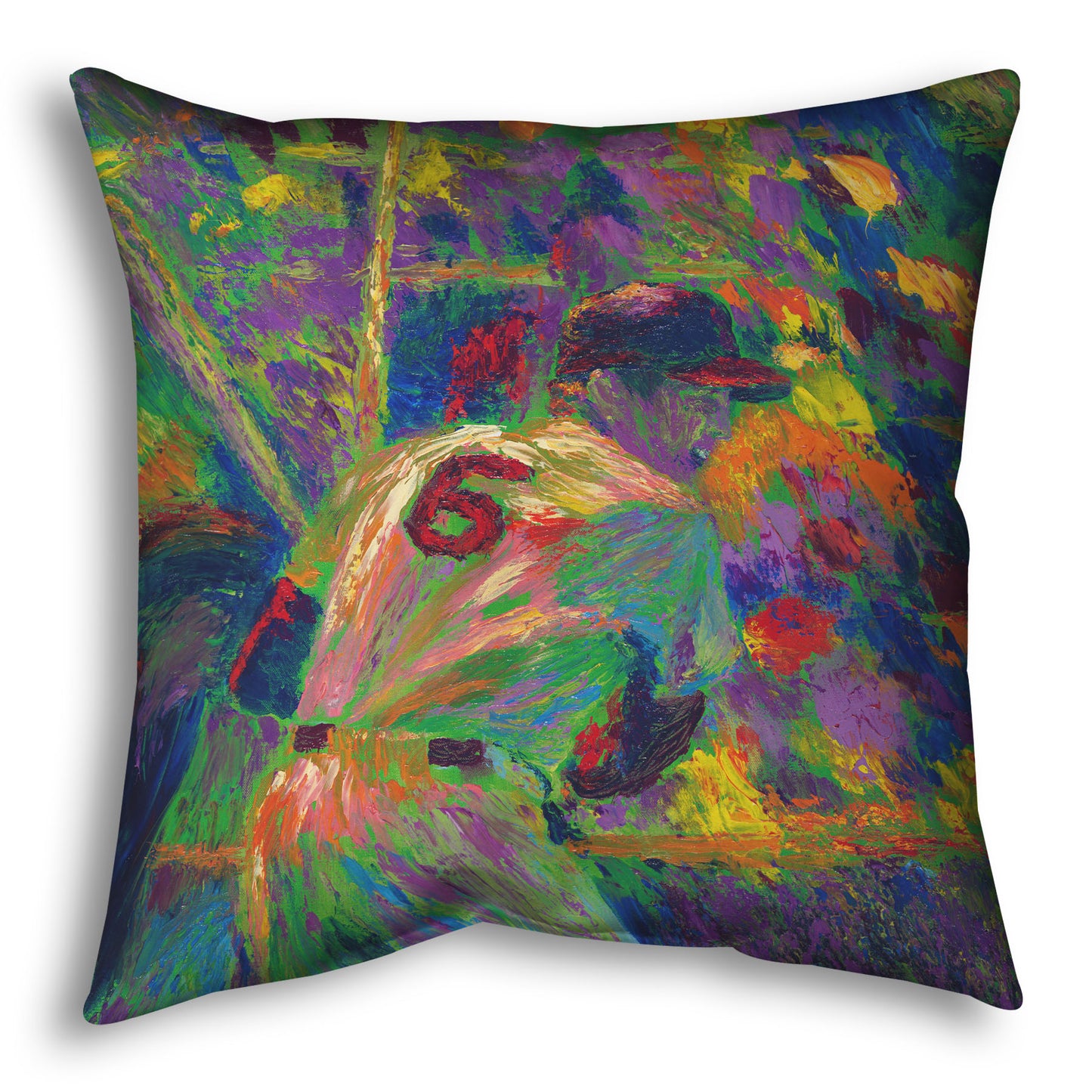 A throw pillow designed with a painting of baseball player Stan Musial, waiting at bat.
