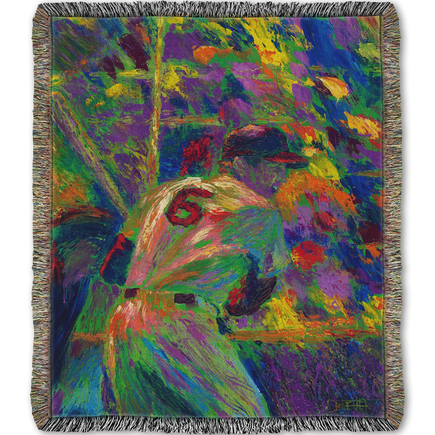 A woven throw blanket designed with a painting of baseball player Stan Musial, waiting at bat.